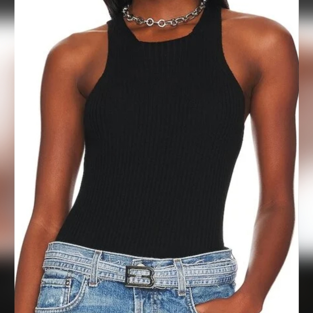 One Grey Day Black Soft Wool Ribbed Tank Bodysuit
